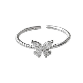 Anel com diamante brilhante borboleta em prata esterlina S925